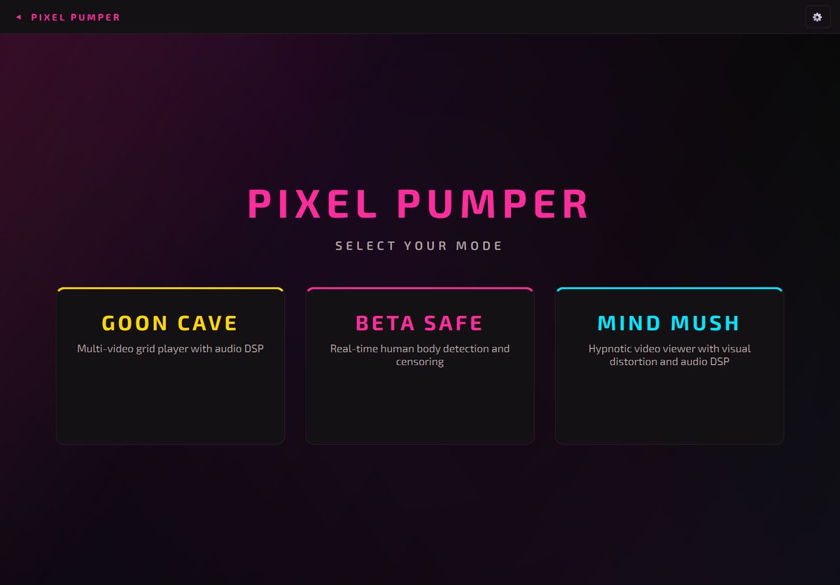 Pixel Pumper app — mode selection screen showing Goon Cave, Beta Safe, and Mind Mush